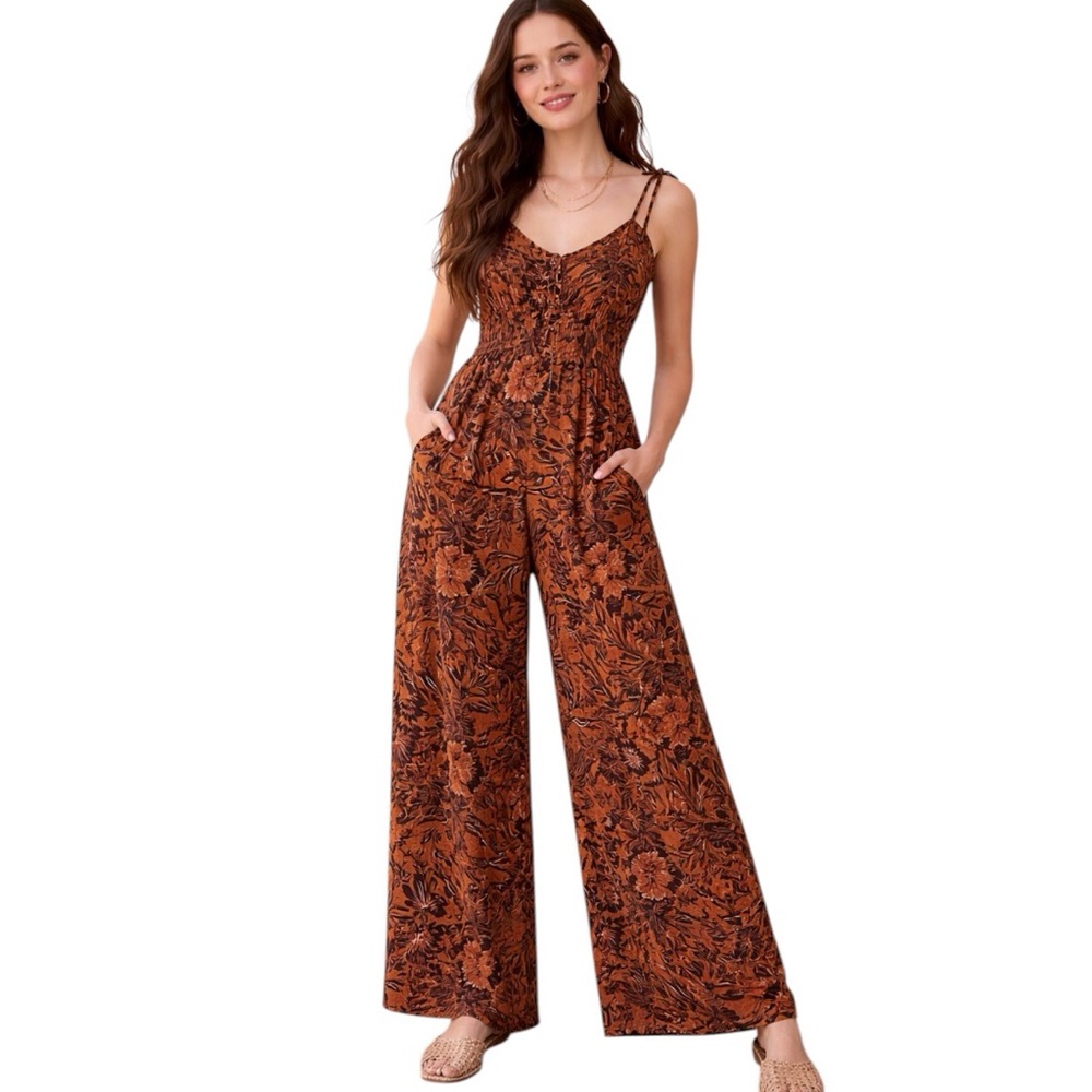 Patrons of Peace Rust Floral Wide-Leg Jumpsuit Tie Straps Size M EUC Resortwear